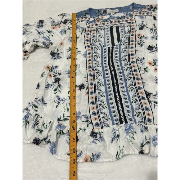 Lucky Brand Floral Blouse Puff Sleeve Crochet V-Neck Small - Picture 8 of 8